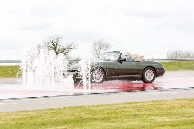 April 2016 - Gary in his MG RV8 on the Skid Pan of the Porsche Experience